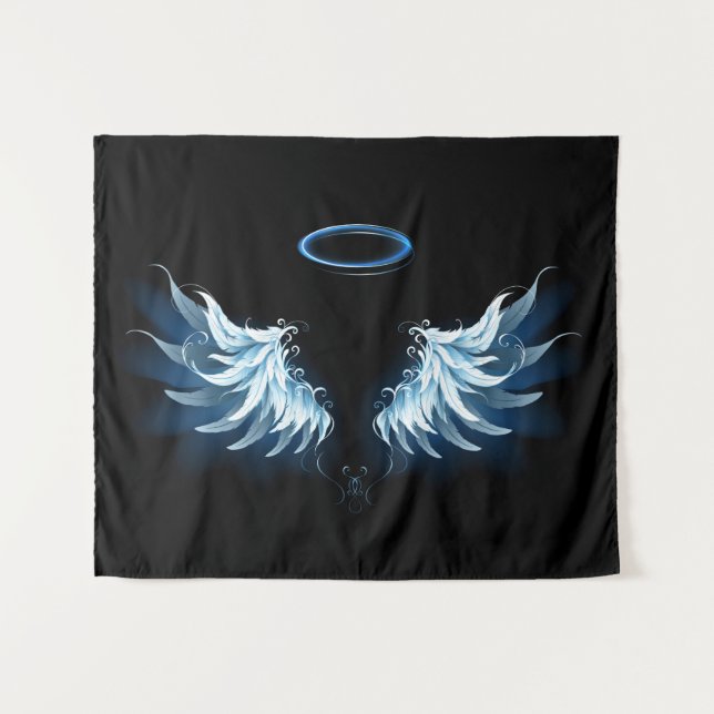 Tenture Blue Glowing Angel Wings on black background (Devant (Horizontal))