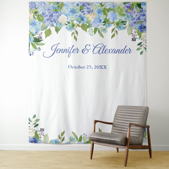 Tenture Blue Hydrangea Floral Mariage Photo Booth fond (En situation)