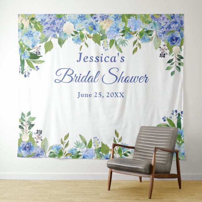 Tenture Blue Hydrangeas Fête des mariées Photo Booth Backd (En situation (horizontale))