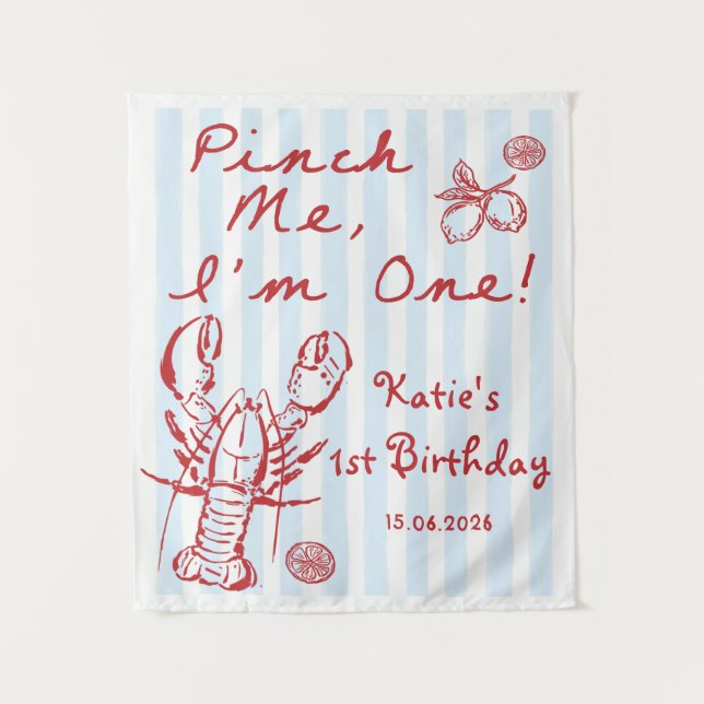 Tenture Blue Nautical Lobster 1st Birthday Tapestry (Devant)
