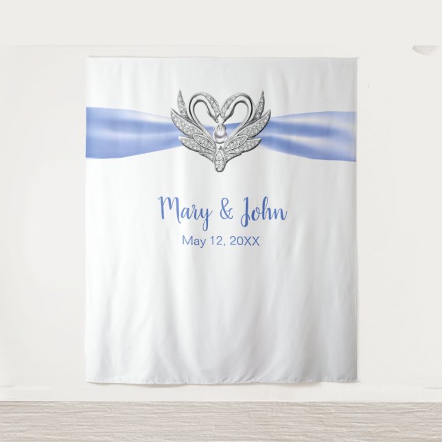 Tenture Blue Ribbon Argent Swans Mariage fond (Devant)