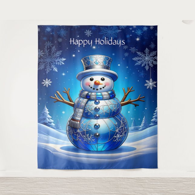 Tenture Blue Snowman Snowflakes Holiday Backdrop (Devant)