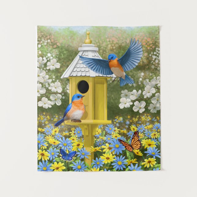 Tenture Bluebirds et Tall Yellow Birhouse (Devant)