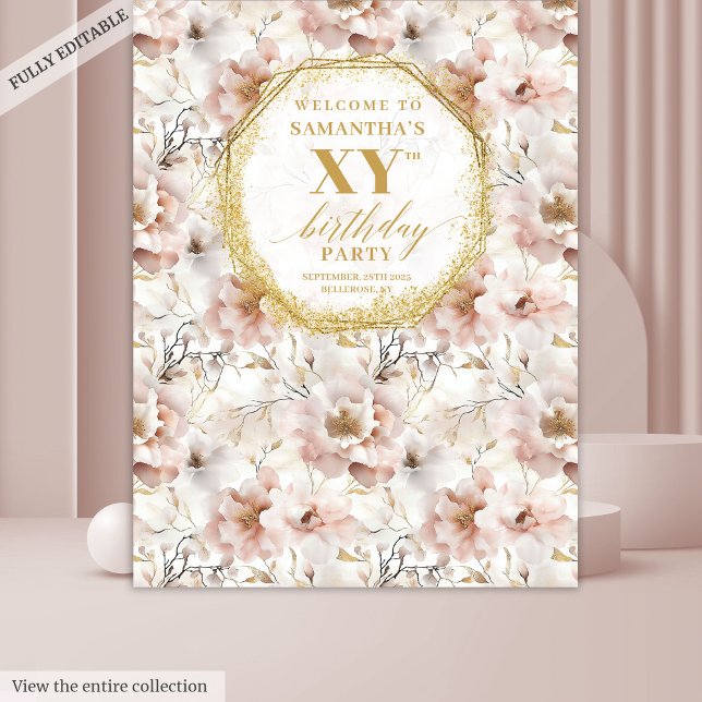 Tenture Blush Floral Élégant Stand de Photographie pour An (Sophisticated Blush Floral Birthday Photo Booth Tapestry)