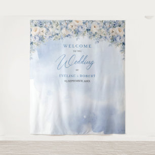 Tenture Boho bleu fleuri eucalyptus et cadre or Mariage