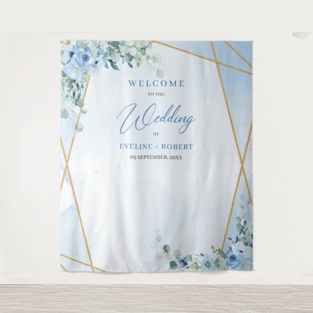 Tenture Boho bleu fleuri eucalyptus et cadre or Mariage (Devant)