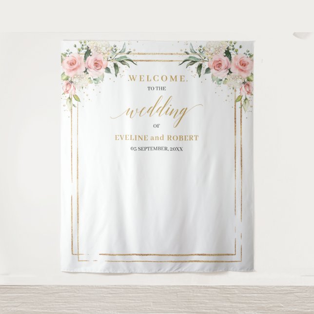 Tenture Boho Blush rose floral eucalyptus or Mariage (Devant)