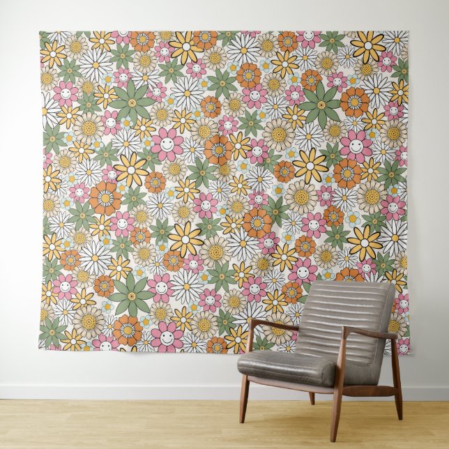 Tenture Boho Daisy Flowers les années 70 Floral Super (En situation (horizontale))