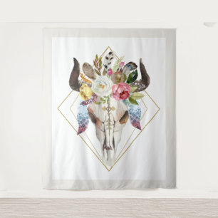 Tenture Boho fleurs & plumes crâne de taureau géométrique