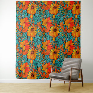 Tenture Boho Flowers bleu et orange