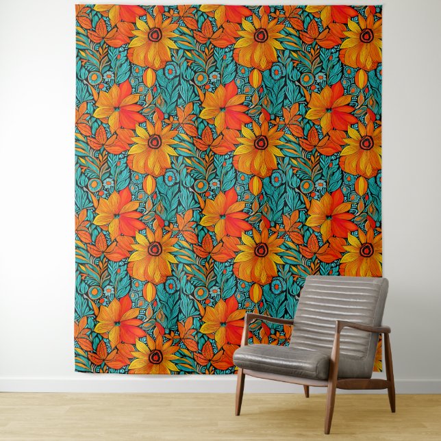 Tenture Boho Flowers bleu et orange (En situation)