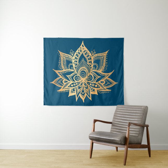Tenture Boho Gold Lotus Flower Mandala Art Blue (En situation (horizontale))