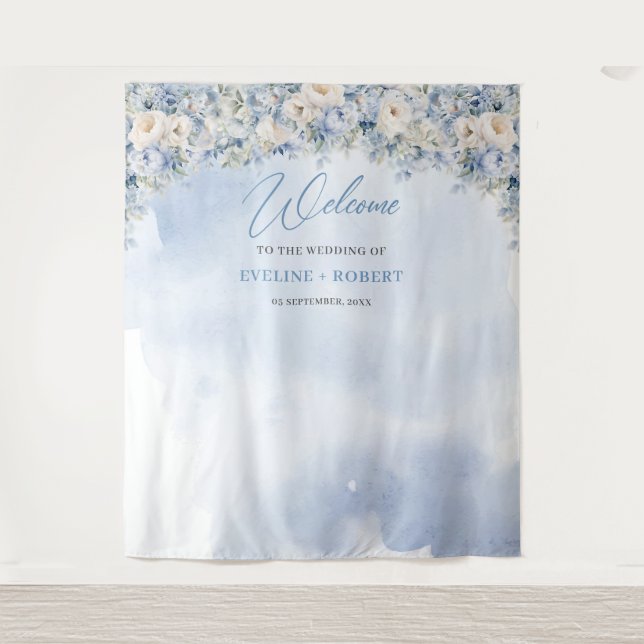 Tenture Boho hiver bleu ivoire fleuri eucalyptus Mariage (Devant)