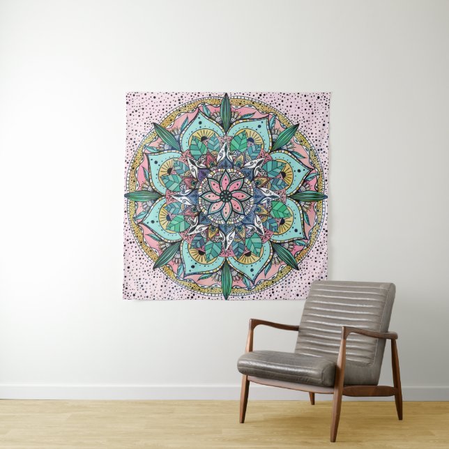 Tenture Boho Mandala couleur aquarelle Floral (En situation (horizontale))