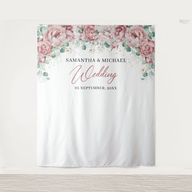 Tenture Boho rose rose floral or vert mariage fond (Devant)