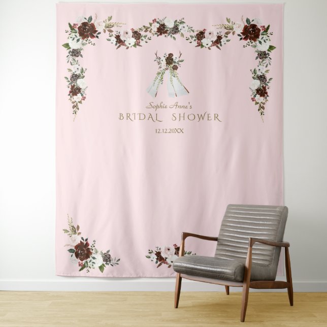 Tenture Boho Teepee Burgundy Crème Fête des mariées floral (En situation)