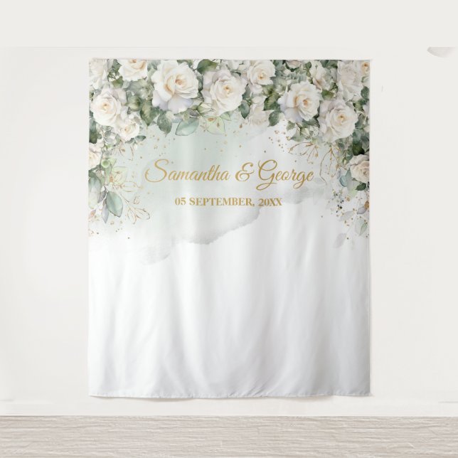 Tenture Boho White Roses mariage vert et or (Devant)