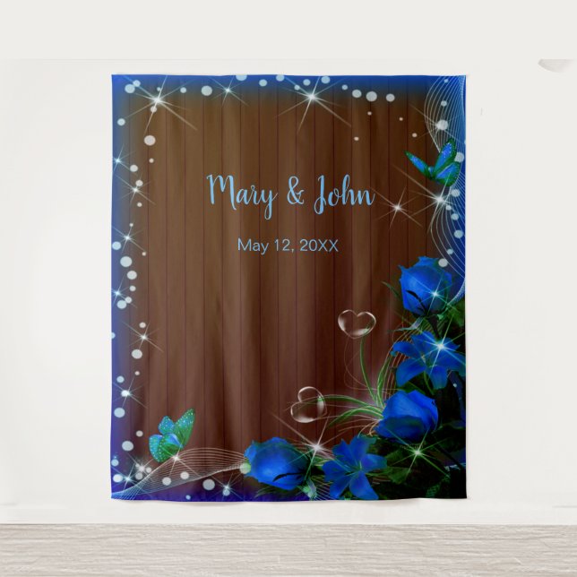 Tenture Bois foncé rustique Bleu Mariage Floral Arrière-pl (Devant)