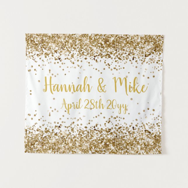 Tenture Boite photo personnalisée Mariage blanc et or (Devant (Horizontal))