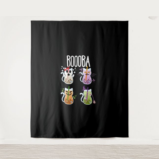 Tenture Boooba Kawaii Boba Boire du thé Amoureux des chats (Devant)