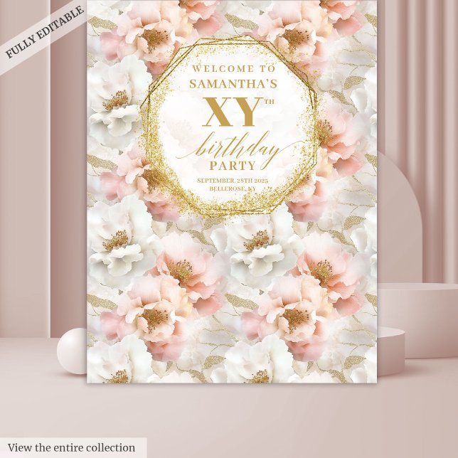 Tenture Booth Photo Anniversaire Doré et Ivoire à paillett (Sparkling Blush Ivory Gold Birthday Photo Booth Tapestry )