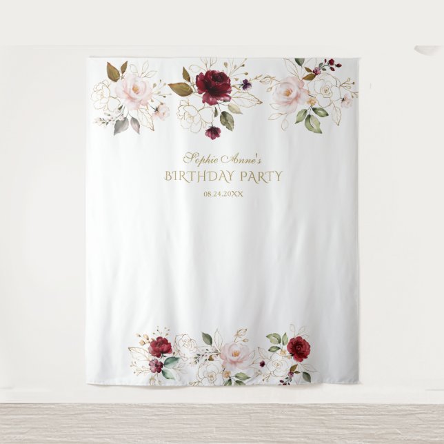 Tenture Booth photo Blush Burgundy Gold Floral Anniversair (Devant)