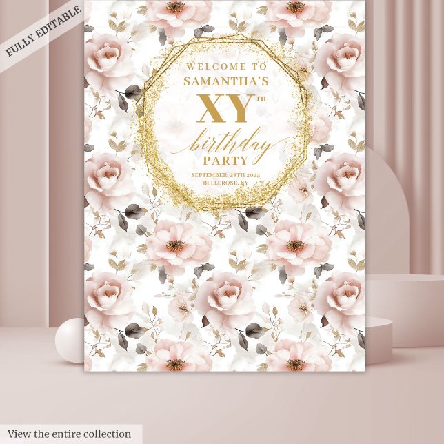 Tenture Booth Photo de Fête d'Anniversaire aux Fleurs Rose (Delightful Dusty Pink Floral Birthday Photo Booth Tapestry)