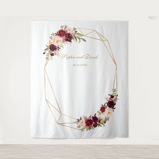 Tenture Booth Photo de Mariage Floral Or Burgundy Marsala (Devant)