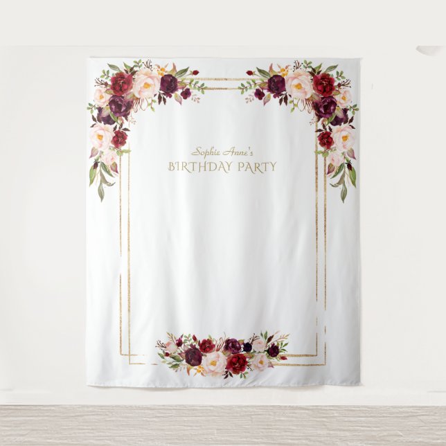 Tenture Booth Photo Fleurs Rose Bourgogne Anniversaire Or (Devant)