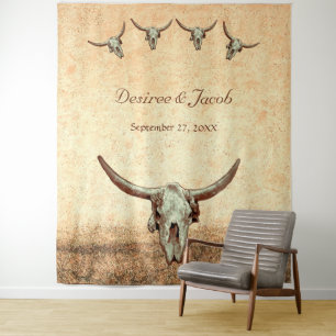 Tenture Booth photo Mariage Western Brown Bull Skull