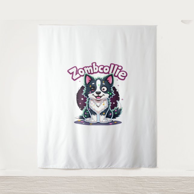 Tenture Bordure Collie BC Chien Zombie Halloween Essentiel (Devant)