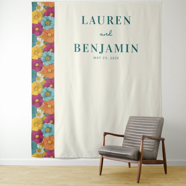 Tenture Bordure florale sarcelle joyeuse (En situation)