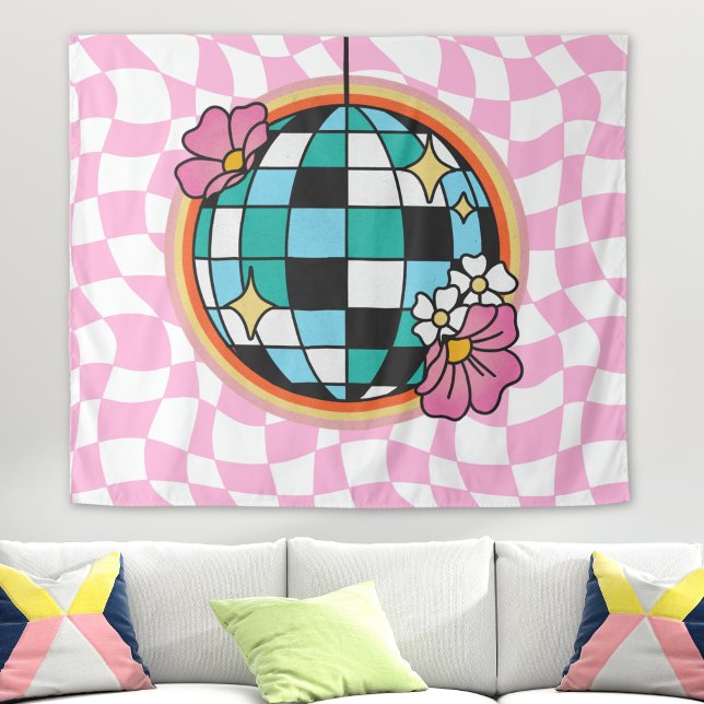 Tenture Boule Disco Rose Groovy Années 60 Hippie Rétro à C (disco ball retro tapestry wall hanging, pink checkered print, 60s 70s hippie college dorm room decor)