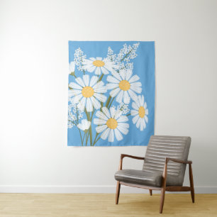 Tenture Bouquet de fleurs marguerites blanches sur bleu