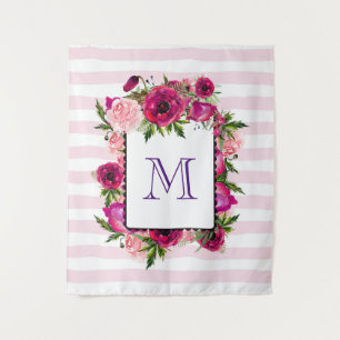 Tenture Bouquet de fleurs roses et coquelicots sur bandes 