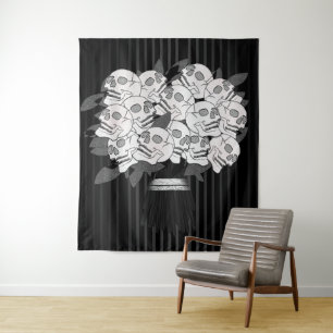 Tenture Bouquet de roses de crânes noir et blanc