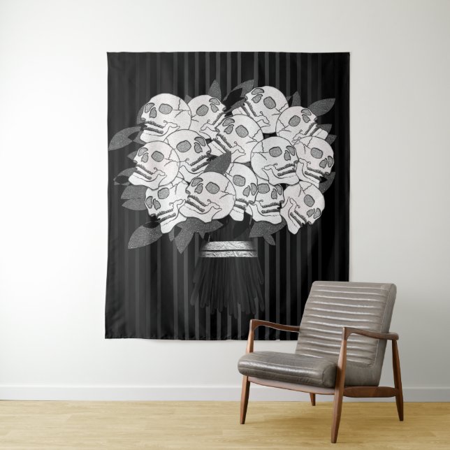 Tenture Bouquet de Roses du crâne noir et blanc (En situation)