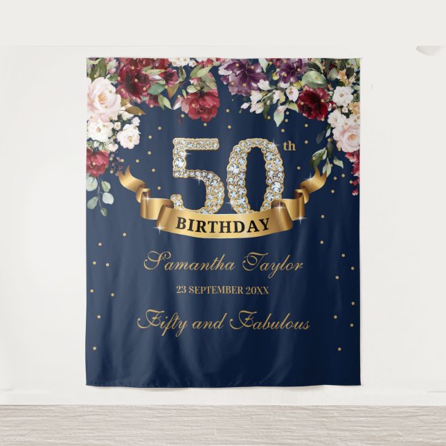 Tenture Bourgogne fuchsia et 50e anniversaire floral rose (Devant)