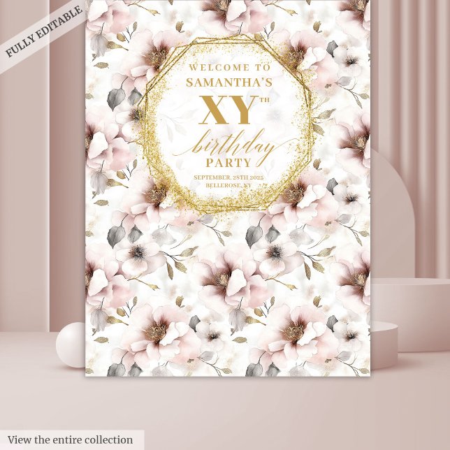 Tenture Bouteille florale chic or ivoire anniversaire (Chic Blush Floral Ivory Gold Birthday Photo Booth Tapestry)
