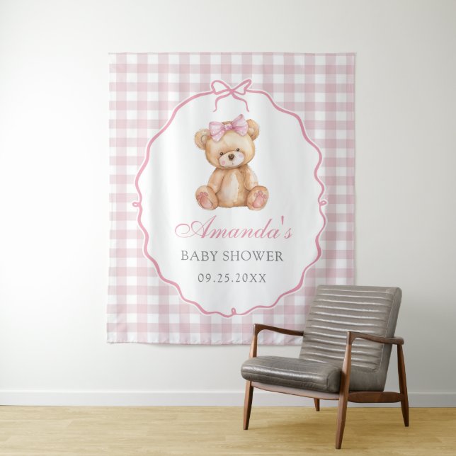Tenture Bow rose En vichy Teddy Bear Baby shower (En situation)