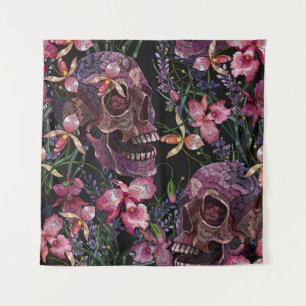 Tenture Broderie crâne humain et fleurs d'orchidées roses 