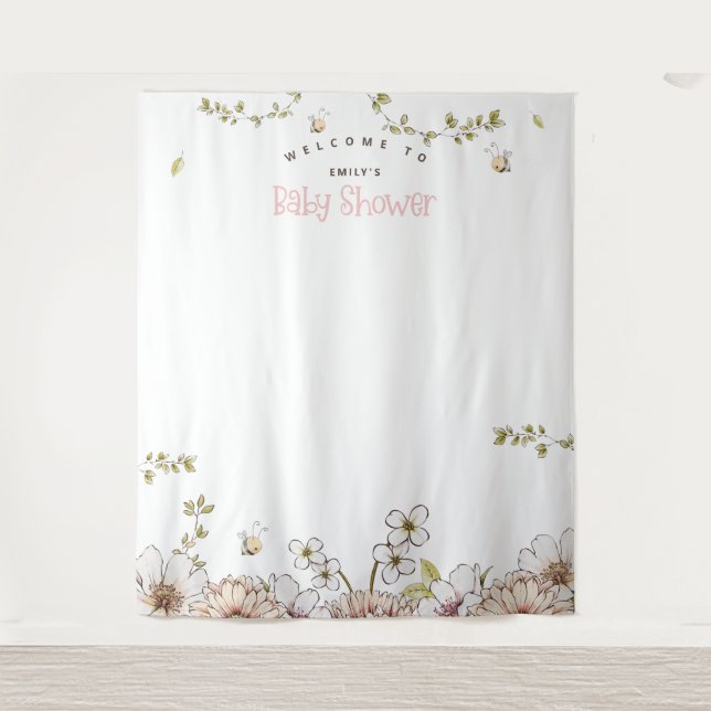 Tenture Bumblebee Florals Baby shower rose Fond photo (Devant)