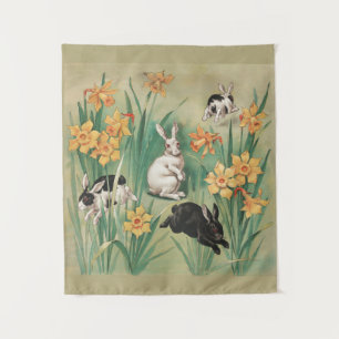 Tenture Bunnies mignons aux fleurs de jonquille Antique Pâ