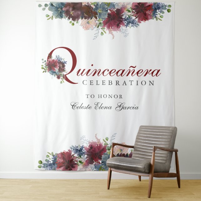 Tenture Burgundy Blue Floral Quinceanera Fond photo (En situation)