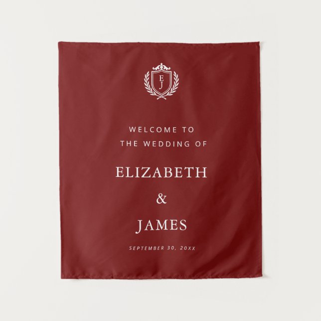 Tenture Burgundy Crest Wedding Welcome, Custom Initials (Devant)