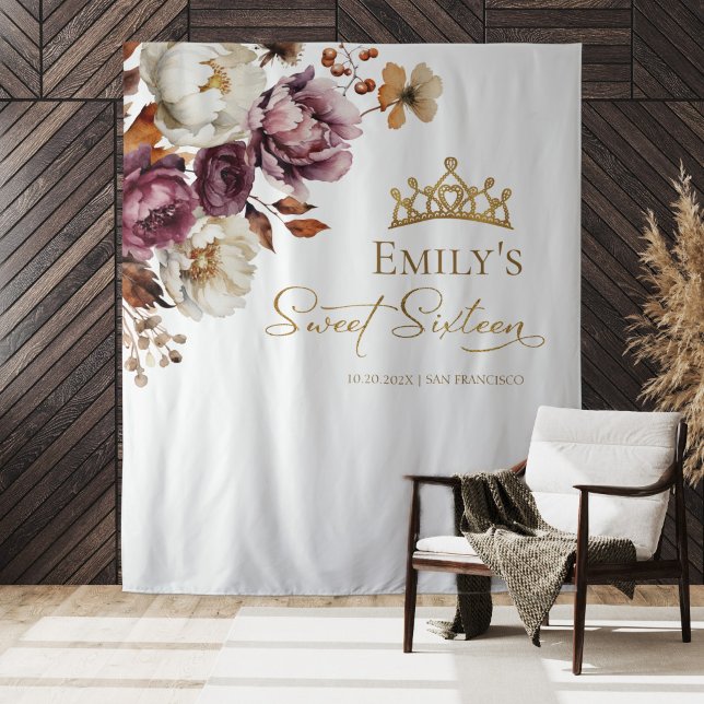 Tenture Burgundy Floral Fall Sweet 16 Contexte (Créateur téléchargé)