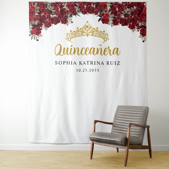 Tenture Burgundy Gold Floral Quinceanera Fond photo (En situation)