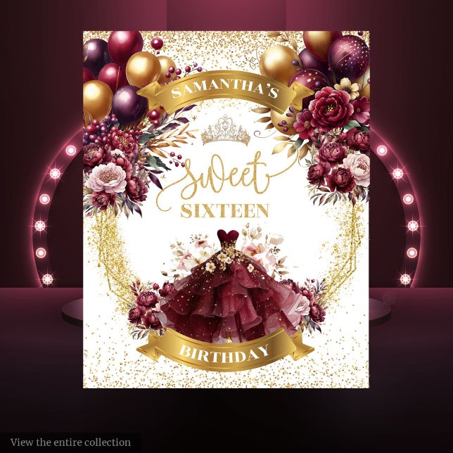 Tenture Burgundy Gold Sweet 16 Arrière-plan Aquarelle Fleu (Burgundy Gold Sweet 16 Backdrop Watercolor Flowers)