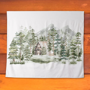 Tenture Cabane à l'aquarelle dans la forêt de pins verts b
