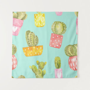 Tenture Cactus épineux dans les pots, motif aquarelle.